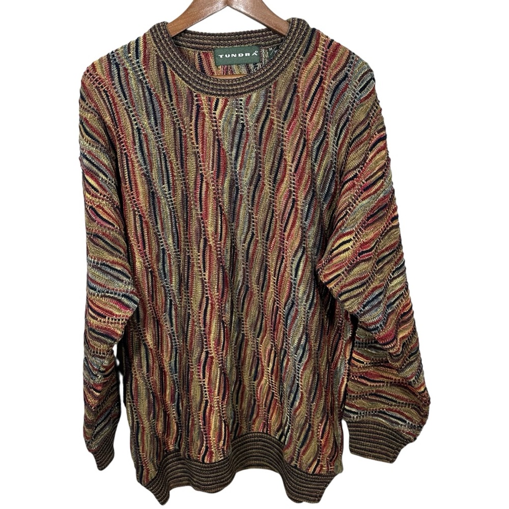 Vtg 90s Mens Tundra Sweater Sz M 3D‎ Knit Retro Grunge Hip Hop Indie Multi Color